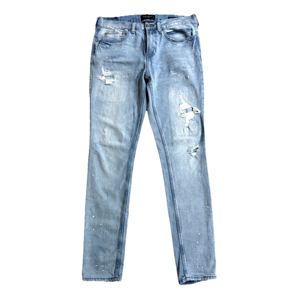 PacSun Mens 30x30 Stacked Skinny Jeans Blue Ripped Distressed Y2K Streetwear